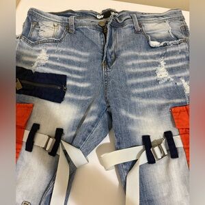 PREME Men's size 36 skinny Distressed Blue Jeans with Orange Accents